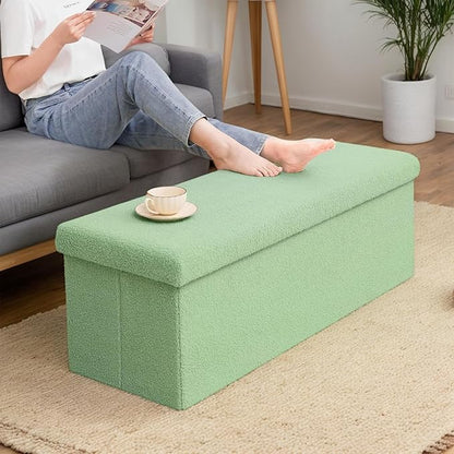 43 Inches Storage Ottoman Bench - Square Ottoman with Sherpa Top,Storage Bench for Bedroom,43" L x 15" W x 15" H - Green