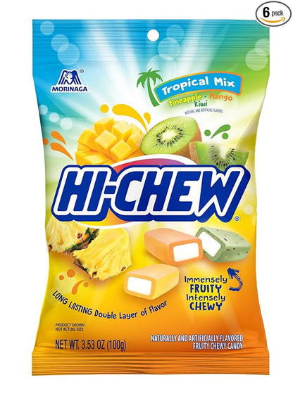 HI-CHEW Tropical Mix, 6 Bags, 3.53oz Each, Kiwi Pineapple Mango Taffy Candy
