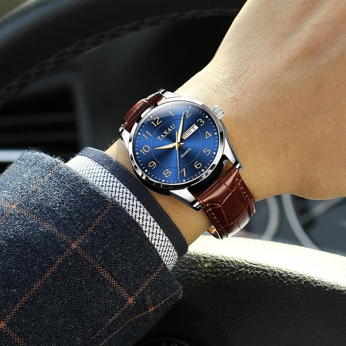 Men's Watch Big Face Easy Read Arabic Numeral Dress Watches for Men Classic Black Brown Leather Band Analog Mens Wrist Watch with Day and Date Fashion Business Waterproof Luminous Quartz Watch