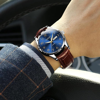 Men's Watch Big Face Easy Read Arabic Numeral Dress Watches for Men Classic Black Brown Leather Band Analog Mens Wrist Watch with Day and Date Fashion Business Waterproof Luminous Quartz Watch