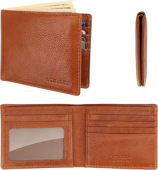 Genuine Leather Mens Bifold Wallet Slim RFID Blocking 5 Credit Card Slots 1 ID Window 2 Sections for Bills 2 Additional Slots | Tan
