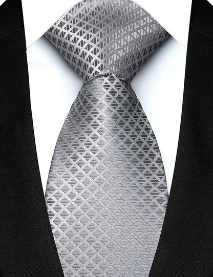 JEMYGINS Mens Solid Color Plaid Tie and Lapel Pin Necktie Pocket Square and Tie Clip with Sets for Business Casual 4PCS