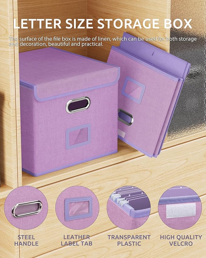Oterri 3 Pack File Organizer Box,File Box,Small File Cabinet for Letter Folders,Lavender Portable Filing Box,Hanging File Folder Organizer with Lid for Office/Decor/Home- without Folders