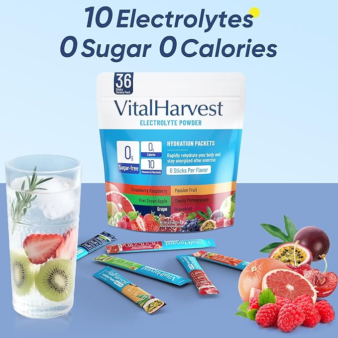 36 Sticks Electrolytes Powder Packets No Sugar Hydration Packets Electrolyte Liquid Daily IV Drink Mix with Strawberry Raspberry, Passion Fruit, Kiwi Green Apple, Cherry Pomegranate, Grape, Grapefruit