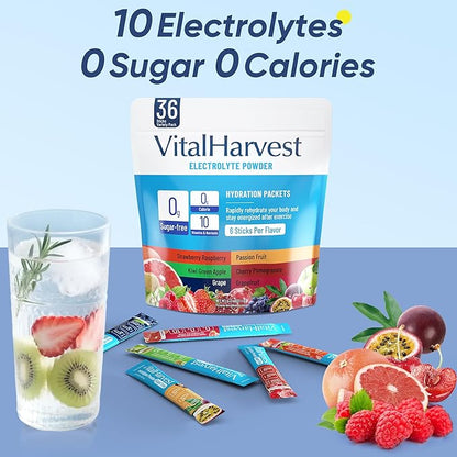 36 Sticks Electrolytes Powder Packets No Sugar Hydration Packets Electrolyte Liquid Daily IV Drink Mix with Strawberry Raspberry, Passion Fruit, Kiwi Green Apple, Cherry Pomegranate, Grape, Grapefruit