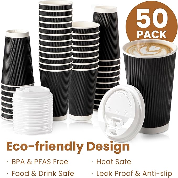 Fit Meal Prep 50 Pack 16 oz Black Disposable Coffee Cups with Lids & Stirrers, Corrugated Triple Wall To Go Hot Cups, Insulated Paper Coffee Cups for Hot Beverages, Travel, Home, Office (White Lids)