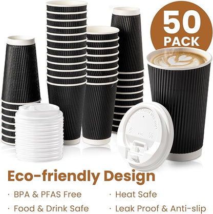 Fit Meal Prep 50 Pack 16 oz Black Disposable Coffee Cups with Lids & Stirrers, Corrugated Triple Wall To Go Hot Cups, Insulated Paper Coffee Cups for Hot Beverages, Travel, Home, Office (White Lids)