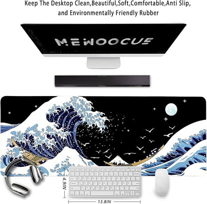 MEWOOCUE® Gaming Mouse Pad for Desk,Large Wave Mousepad Laptop,Black Japanese Anime Mouse Mat,Long XXL Waterproof Keyboard Pads,Big Non-Slip Mousepads for Game Office Home（31.5 x 11.9 in）