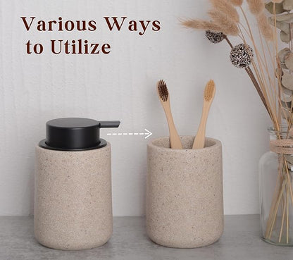 Resin Hand Soap Dispenser Easy-to-Press Liquid Pump, Refillable Soap Dispenser with Sandstone Like Finish, Waterproof Bottle Labels for Bathroom Kitchen Dish Lotion (Beige,10 oz)