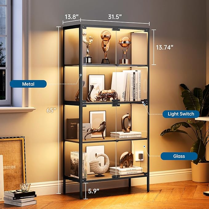 65" Glass Display Cabinet with 3-Color LED Light, Tempered Glass Display Case with 4-Tier Shelves, Metal Frame Curio Storage Cabinet for Collectibles, Figures, Awards, Book, Toy, Black