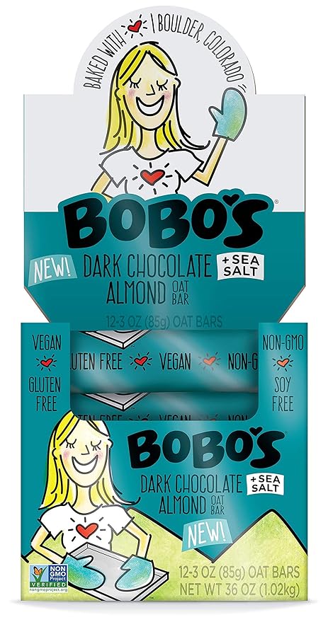 Bobo's Dark Chocolate Almond Sea Salt Oat Bars, Gluten Free, Non-GMO, Whole Grain Oats, Pack of 12 | Snack Bars | On-the-Go | Made with Simple Ingredients