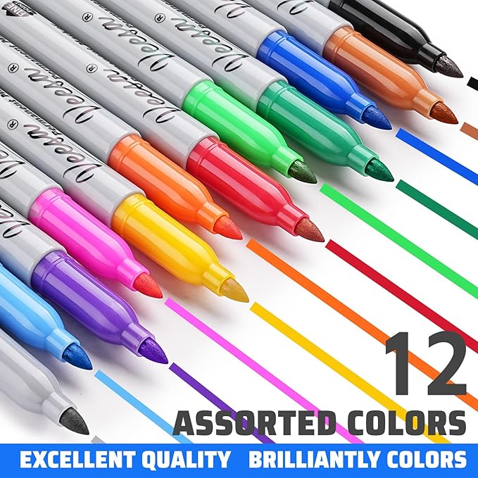Permanent Markers Bulk,12 Assorted Colors, 60 Pack Fine Point Permanent Markers for Office, School, and Home Use