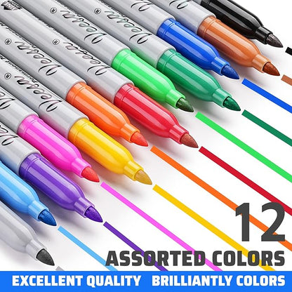 Permanent Markers Bulk,12 Assorted Colors, 60 Pack Fine Point Permanent Markers for Office, School, and Home Use