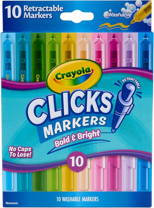 Crayola Clicks Retractable Markers - Bold (10ct), No Dry Washable Markers for Kids, Click Markers for School, Must Have Coloring Supplies, Gifts