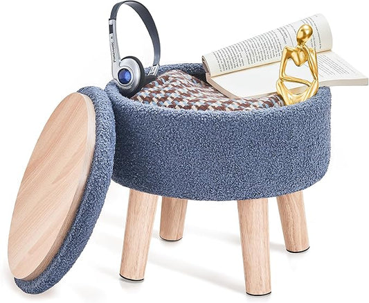 Poofzy Small Ottoman with Storage, Small Foot Stool Ottoman with Wood Legs, Sherpa Foot Rest for Couch, Living Room and Bedroom - Navy Blue