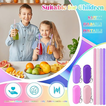 Meanplan 4 Sets Cruise Ship Essentials,4 Set Silicone Straws with Case Reusable Silicone Portable Drinking Straw Set for Party Travel Cold or Hot with 4 Carry Case, 4 Cleaning Brushes (Pink)