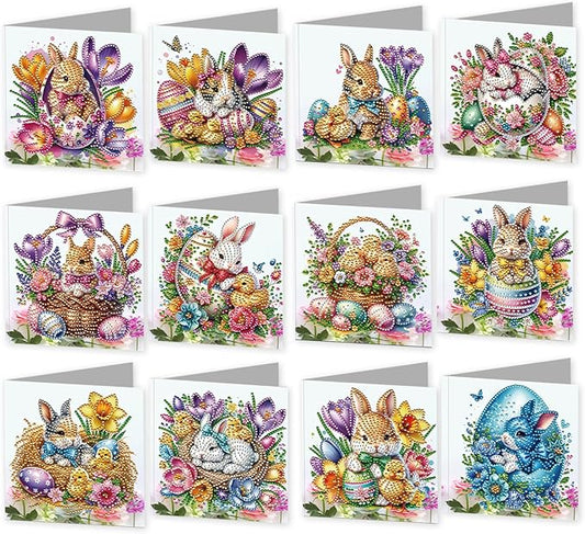 jinglinhh 12pcs Easter Egg Bunny Chick Daffodils Flower Diamond Art Painting Greeting Cards with Envelopes, DIY Card Making Kits for Adults, Diamond Art Birthday Holiday Cards Craft Gifts