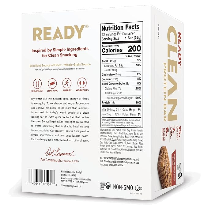 Ready® Protein Bars – High-Protein Snack with 15g Whey Protein, All-Natural Ingredients, Supports Lean Muscle and Recovery, No Artificial Sweeteners – Chocolate Peanut Butter, 12-Pack