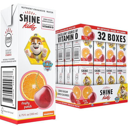 ShineWater Kids x Paw Patrol Vitamin D Fruity Punch Juice Boxes | No Added Sugar | Naturally Flavored Drink for Kids | Vegan Gluten Free Hydration | 32 Pack