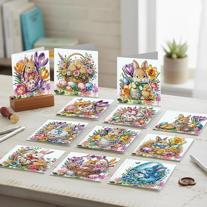 jinglinhh 12pcs Easter Egg Bunny Chick Daffodils Flower Diamond Art Painting Greeting Cards with Envelopes, DIY Card Making Kits for Adults, Diamond Art Birthday Holiday Cards Craft Gifts