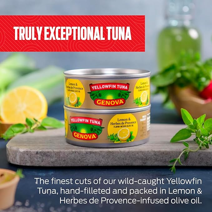Genova Premium Yellowfin Tuna in Lemon and Herbes de Provence Infused Olive Oil, 5 Ounce Cans (Pack of 12), Solid Light