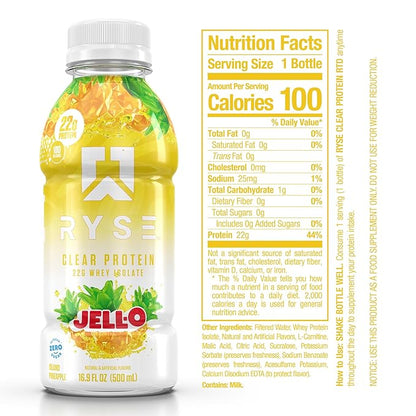 RYSE Clear Protein Drink - Jell-O Island Pineapple - 100 Calories, 22g Whey Isolate Protein Shake, Sugar-Free, 0g Fat & Lactose-Free - Refreshing Ready-to-Drink Beverage - 16.9 fl oz Bottles (12-Pack)