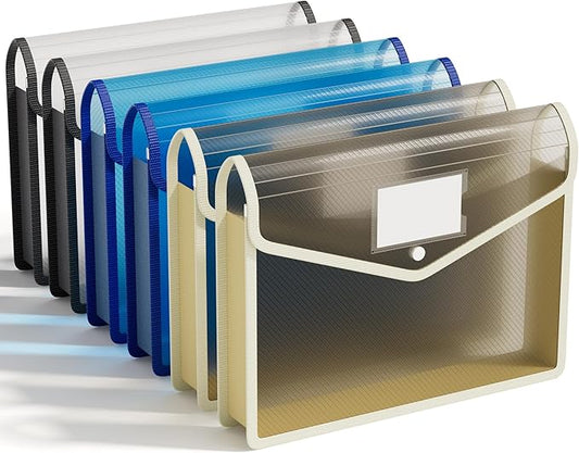 ABC life 6 Pack Plastic Expanding File Folder, Transparent envelopes with Snap Closure, No Dividers, Large Capacity, Assorted Colors, Fit Letter/A4 Size (Black+Blue+Tea Grey)