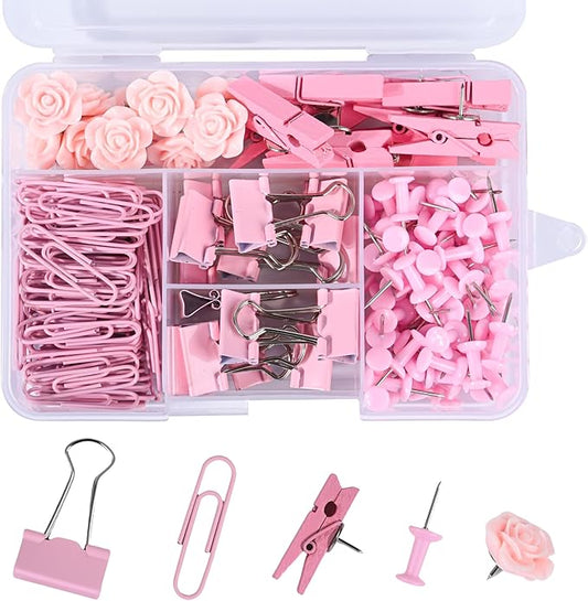 Pink Desk Accessories,220PCS Paper Clips and Binder Clips Small with Decorative Push Pins Cips for School Home Office Aesthetic Desk Accessories
