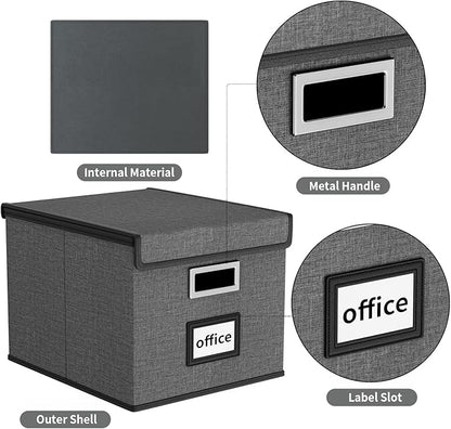 Collapsible File Storage Organizer Boxes with Lids, Linen Office Document Storage Box, Filing Box, Decorative Small File Box for Hanging File, Single File Box with Plastic Slide for Office/Decor/Home