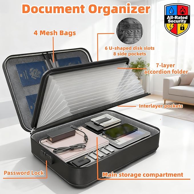Fireproof Document Box (Soft-Shell) with Lock & Waterproof Zipper, 5200°F Safe for Important Documents, Certificates, Laptop Portable File Organizer for Home, Office, Travel Storage