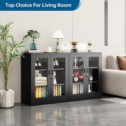 Storage Cabinet with 2 Adjustable Shelves, 35.4 Inches Metal Curio Display Cabinet with 2 Acrylic Doors, Locking Glass Display Case for Home, Office, Pantry, Assemble Required (Black)