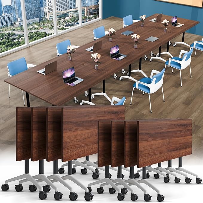 Conference Table, Foldable Conference Room Tables with Silent Wheels, Folding Modular Seminar Meeting Tables, Modern Rectangle Training Table for Office, Boardroom (8, Walnut2, 55.1)