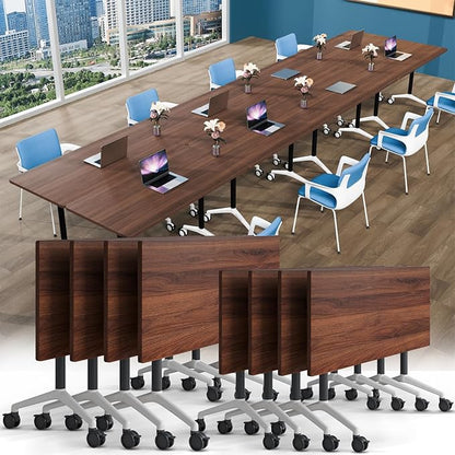 Conference Table, Foldable Conference Room Tables with Silent Wheels, Folding Modular Seminar Meeting Tables, Modern Rectangle Training Table for Office, Boardroom (8, Walnut2, 55.1)