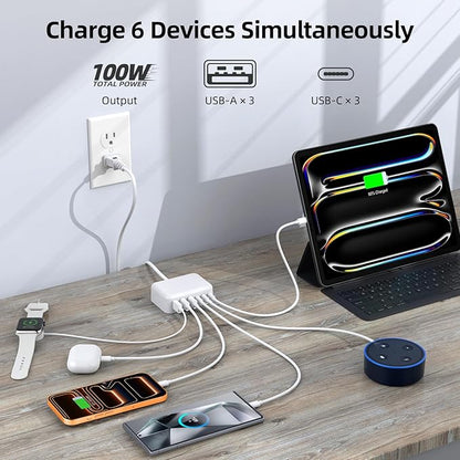 Updated USB C Fast Charger Block, 100W GaN 6 Port PD USB C QC USB A Wall Charger Adapter Plug Cube, Type C Charging Station Hub for iPhone 17 16 15 14 13 Pro Max iPad Samsung Pixel 5ft Extension Cord