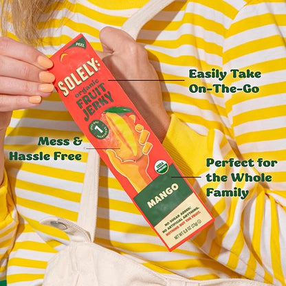 SOLELY - Organic Mango Raspberry Fruit Jerky - 12 Individually Wrapped Fruit Strips - Fruit Leather - Healthy Snacks for Adults & Kids - Non GMO, Vegan Snacks - 0.8oz (23g)