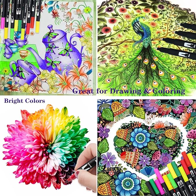 100 Art Markers Set for Adult Coloring Books No Bleeding,Bullet Journal Pens for Artists Painting Calligraphy Dual Tip Markers Brush and Fine for Teens Women Drawing Coloring