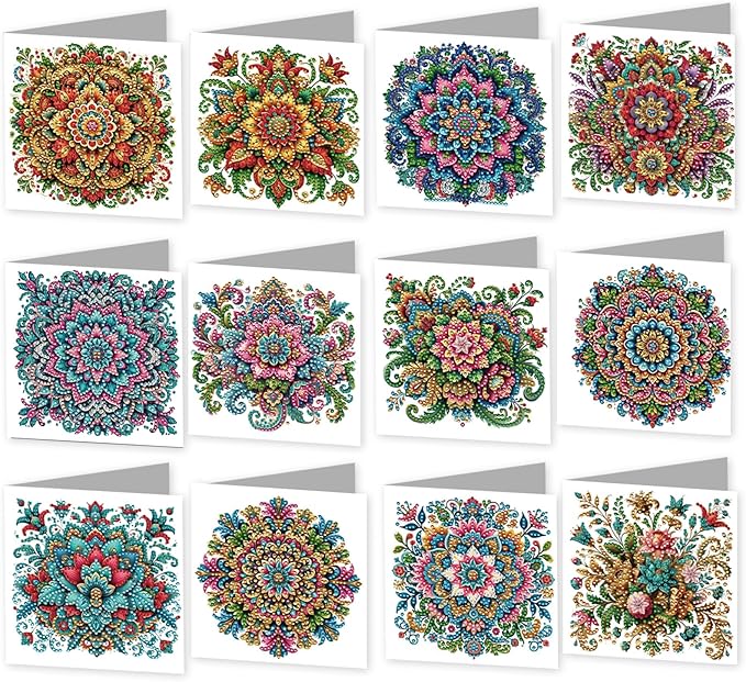 jinglinhh 12pcs Mandala Diamond Art Painting Greeting Cards with Envelopes, DIY Card Making Kits for Adults, Diamond Art Christmas Cards for Birthday Holiday Postcards Craft Gifts