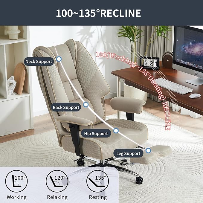 Big and Tall Office Chair 400lbs Wide Seat, Leather High Back Executive Office Chair with Foot Rest, Ergonomic Chairs Lumbar Support for Lower Back Pain Relief (Mesh Dark Beige)