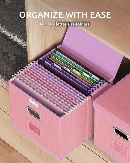 Oterri 2 Pack File Organizer Box,File Box,Small File Cabinet for Letter Folders,Pink Portable Filing Box,Hanging File Folder Organizer with Lid for Office/Decor/Home- without Folders