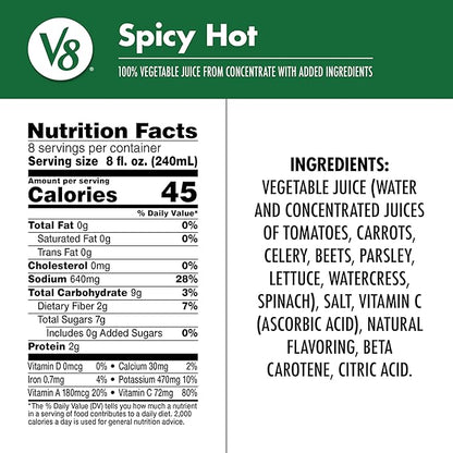 V8 Spicy Hot 100% Vegetable Juice, 64 fl oz Bottle (6 Pack)