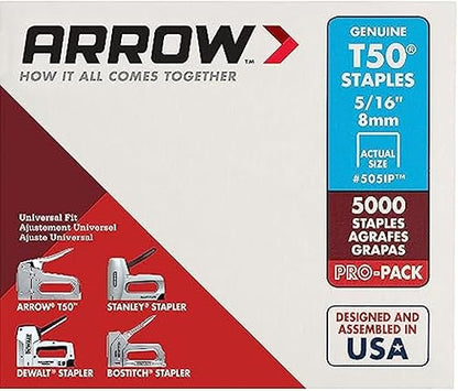 Arrow Fastener 505IP Heavy Duty T50 Staples for Upholstery, Construction, Furniture, Crafts, 3/8-Inch Crown Size, 5/16-Inch Leg Length, 5000-Pack, Made in the USA