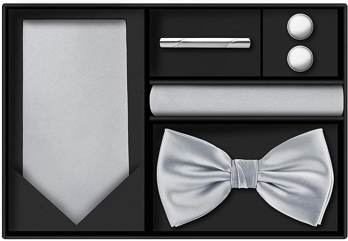 TIE G 5pcs Tie Set in WHITE OR BLACK GIFT BOX: Solid Color Necktie, Satin Bow Tie, Pocket Square, Lapel, Cuff Links