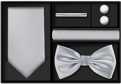TIE G 5pcs Tie Set in WHITE OR BLACK GIFT BOX: Solid Color Necktie, Satin Bow Tie, Pocket Square, Lapel, Cuff Links