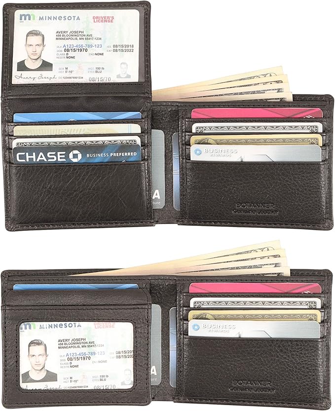 Mens Leather Flip ID Wallet RFID Blocking, 8 Credit Card Slots, 2 ID Window, 2 Sections for Bills, 3 Hidden Pockets | Black