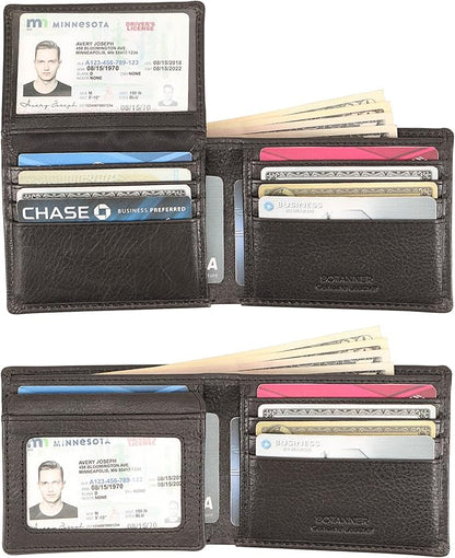 Mens Leather Flip ID Wallet RFID Blocking, 8 Credit Card Slots, 2 ID Window, 2 Sections for Bills, 3 Hidden Pockets | Black