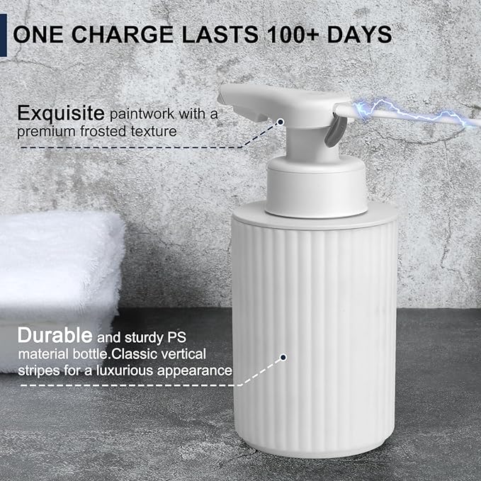 Automatic Soap Dispenser Foaming Touchless: 9oz White Plastic - Rechargeable Electric Smart Auto Foam Soap Dispenser - Hand Dish Bathroom Kitchen