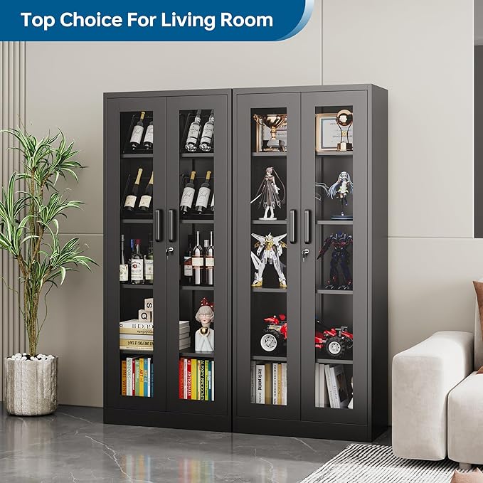 Display Storage Cabinet with Glass Door, 67 Inches Metal Curio Cabinet with 4 Adjustable Shelves, Lockable Glass Display Case for Home, Office, Clinic, Pantry, Assemble Required (Black)