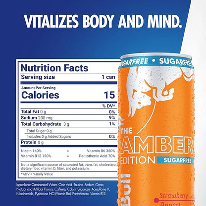 Red Bull Amber Edition Sugar Free Energy Drink, Strawberry Apricot, with 114mg Caffeine plus Taurine & B Vitamins, 12 Fl Oz, Pack of 4 Cans
