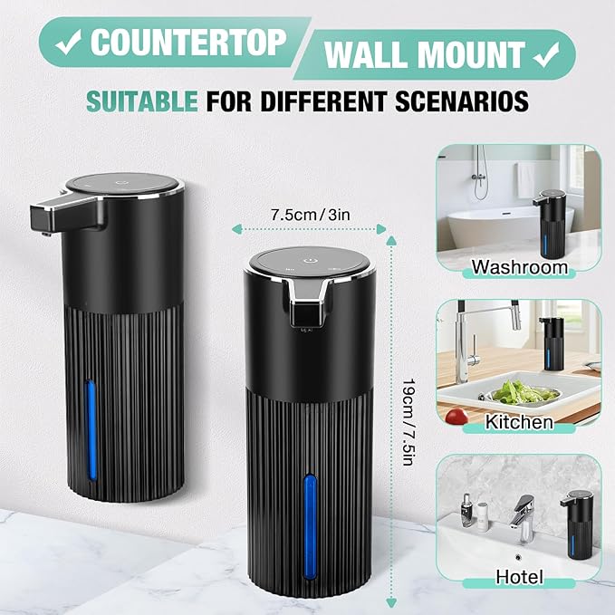 Automatic Soap Dispenser Foaming Touchless: 14oz Plastic - 4 Level Adjustable Wall Mount Foam Rechargeable Electric Auto Smart Black Soap Dispenser - Bathroom Kitchen Hand Dish Lotion
