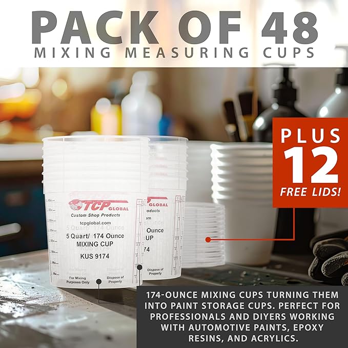 Custom Shop Paint Mixing Cups, 5-Quart (48 Pack) - Plastic Measuring Cups for Liquids, Automotive Painting, Epoxy Resin, Acrylic Arts, Crafts, Disposable or Reusable, Graduated, Mixing Ratios